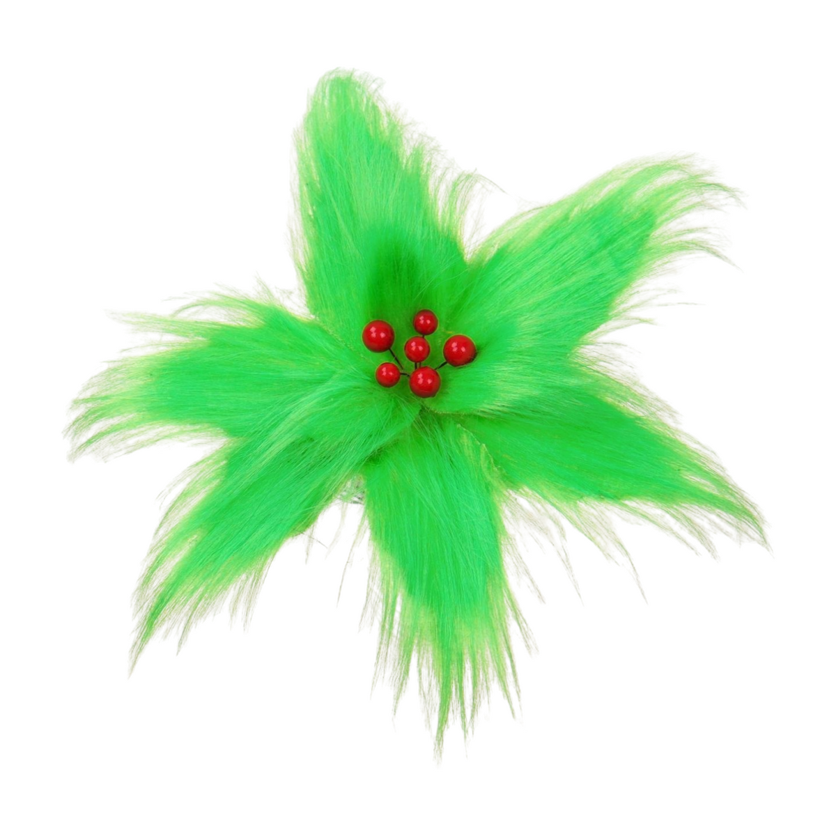 Green furry Christmas flower with red berry centre