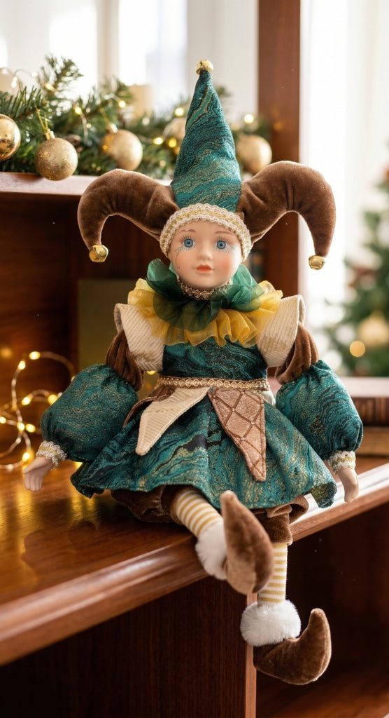 Green and gold jester figurine with curled bell-tipped hat and tulle collar