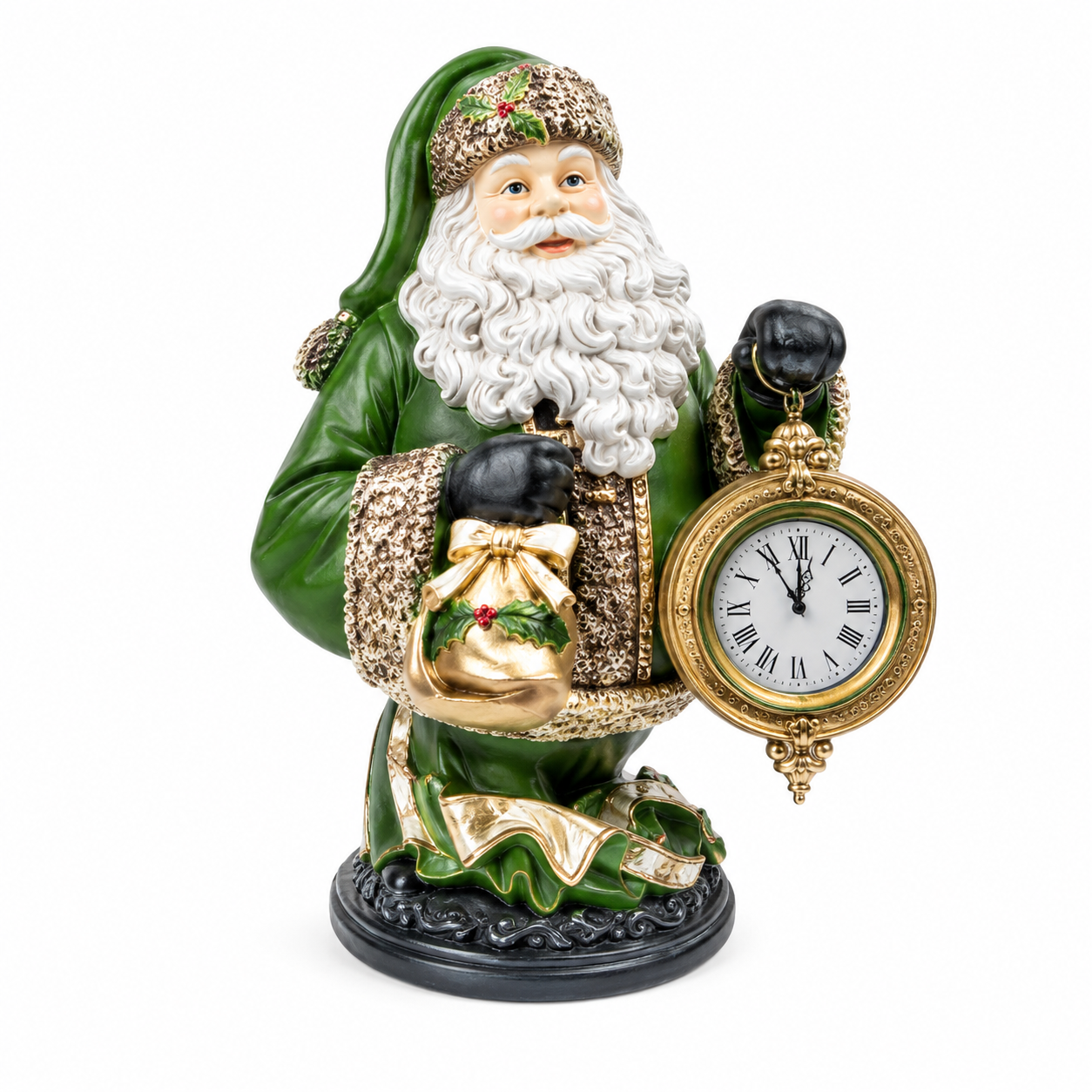 Green and gold Santa figurine holding a pocket watch clock and holly gift sack on a scrolled black base