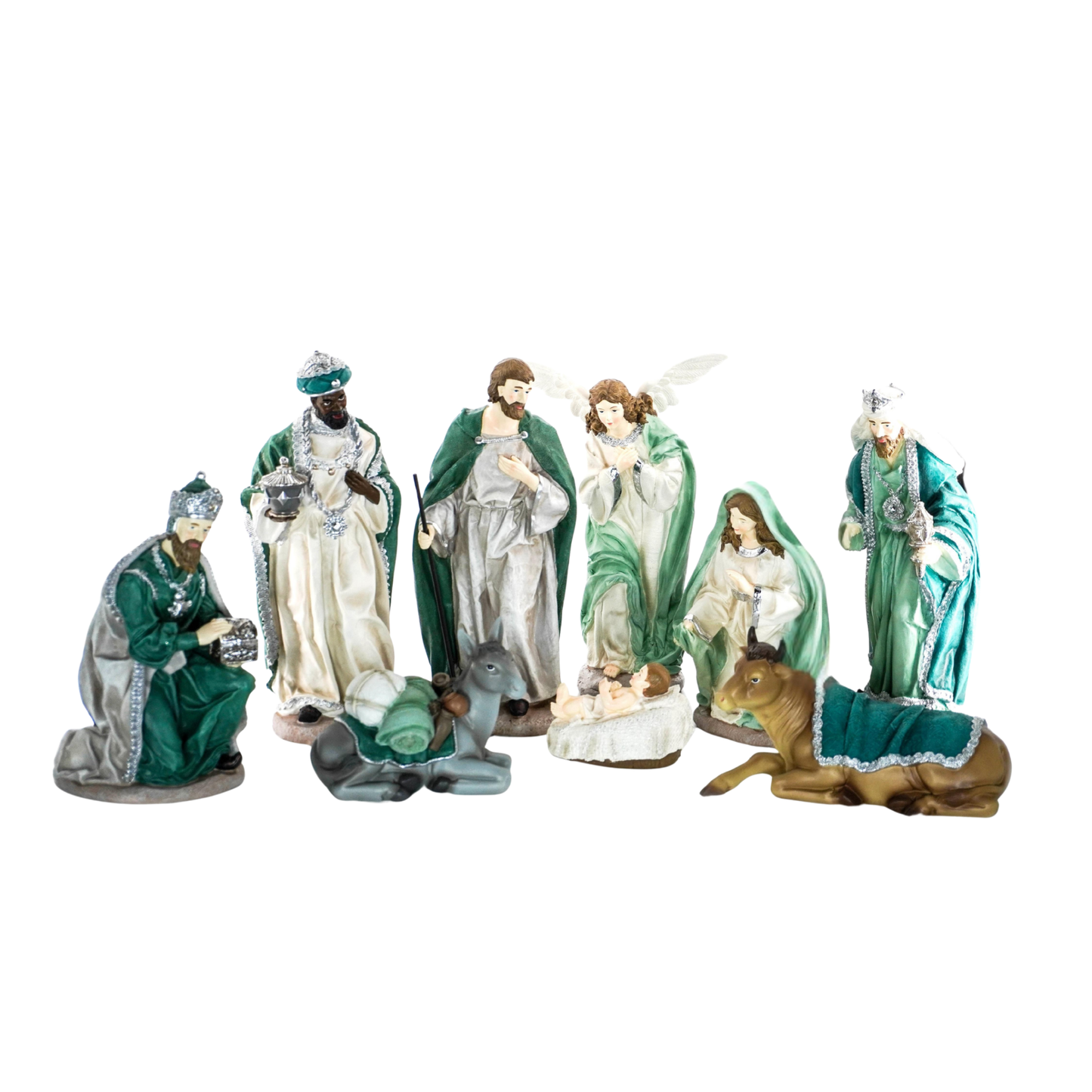 Green and silver nativity scene figurine set including the Holy Family, three Wise Men, an angel, donkey and camel
