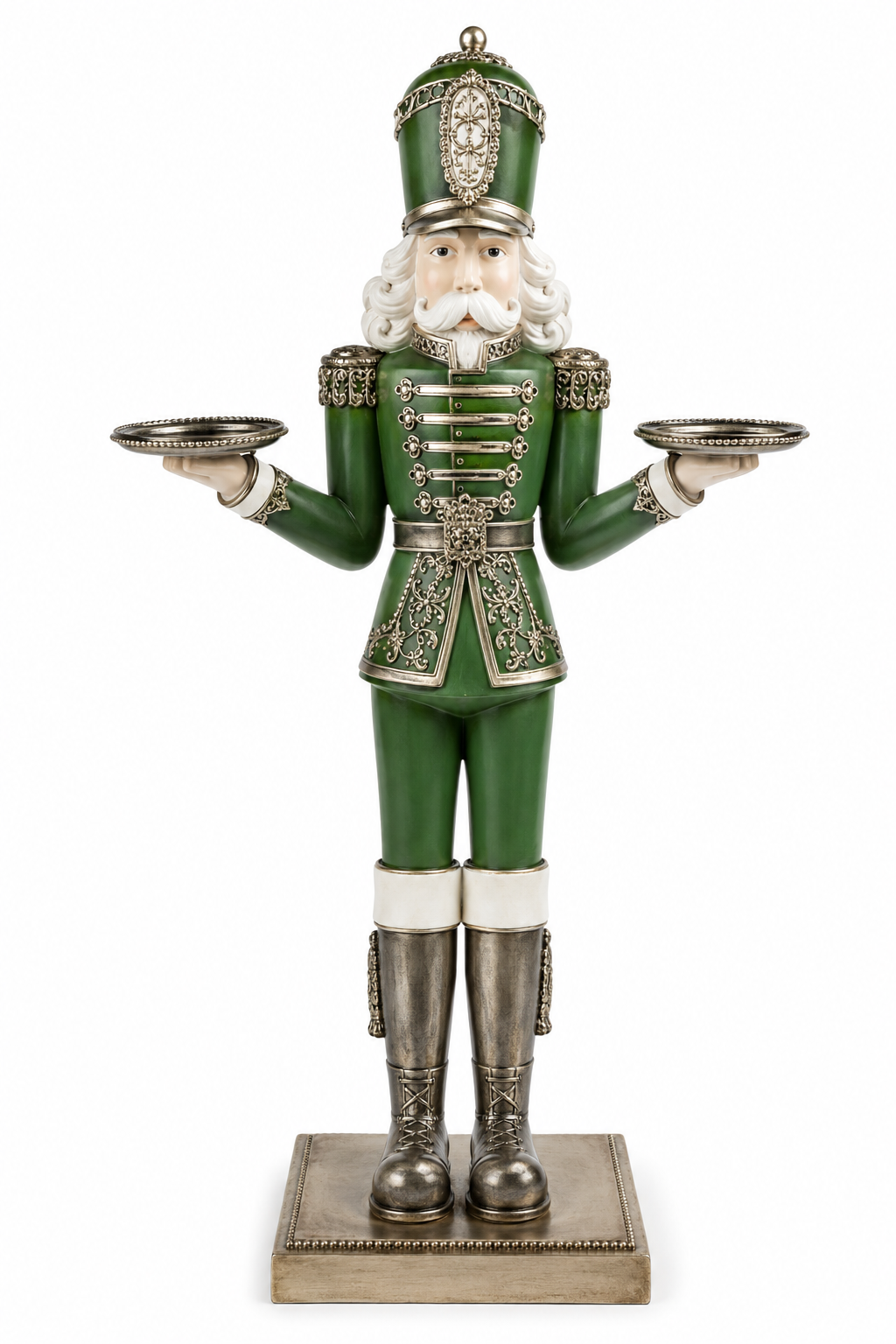 Green and silver nutcracker candle holder figurine with filigree detail holding two silver candle plates