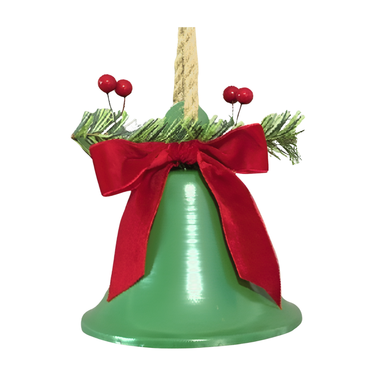 Green decorative bell with red velvet bow and pine accents