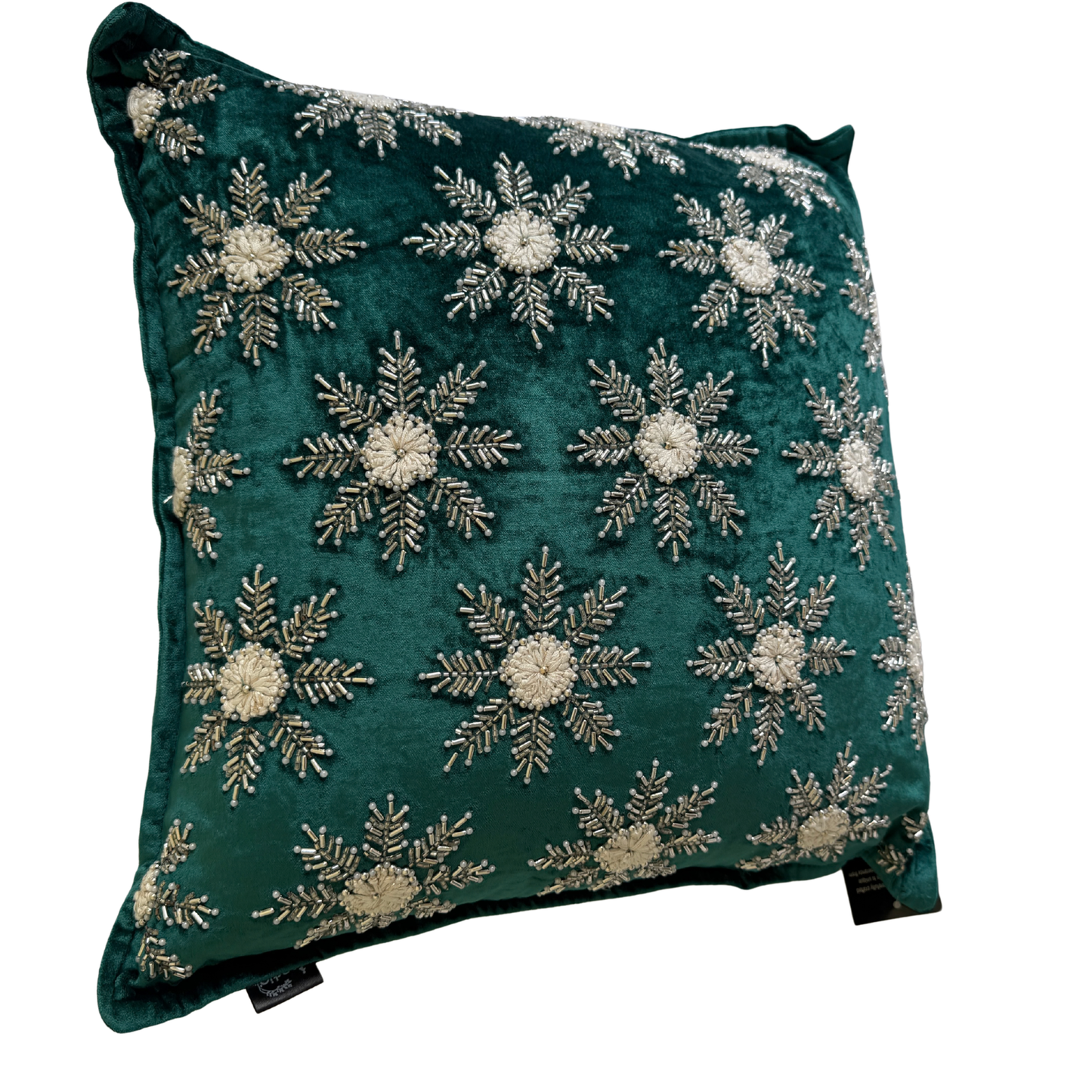 Hand-beaded green velvet Christmas cushion with silver snowflake design