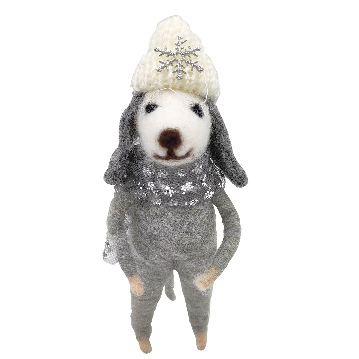 Grey felt dog hanging ornament wearing a silver sequin scarf and cream knitted beanie with snowflake detail