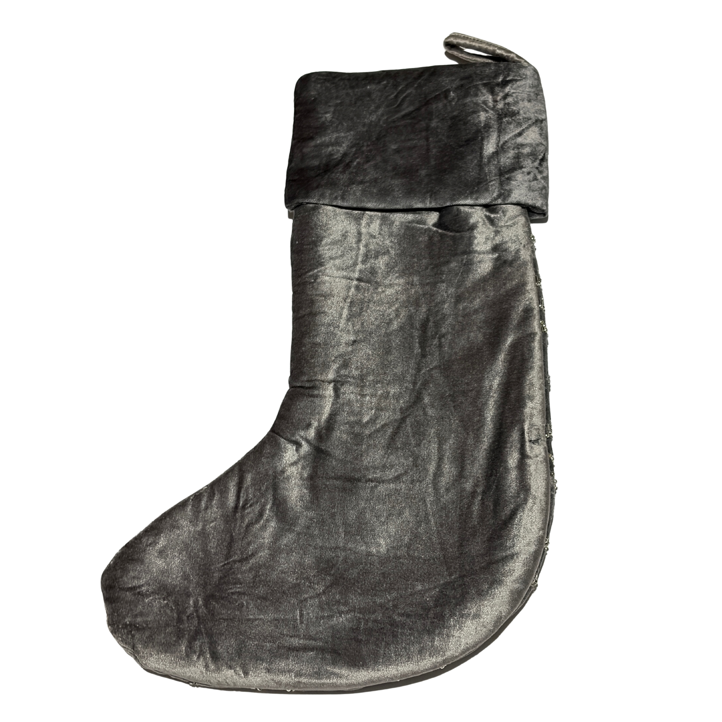 Hand-beaded grey velvet Christmas stocking with gold snowflake designs
