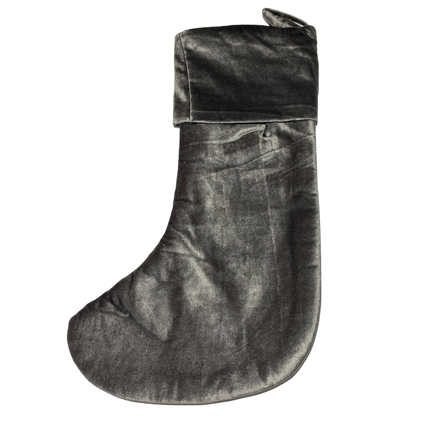 Gray velvet Christmas stocking on a white background