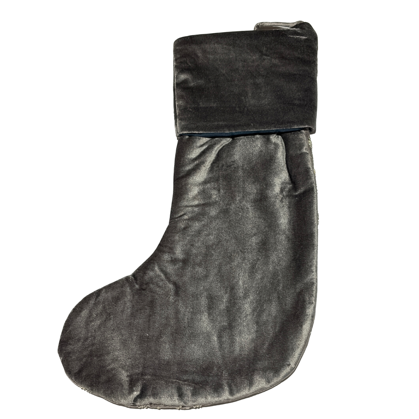 Hand-beaded grey velvet Christmas stocking with silver and pearl circular bead designs