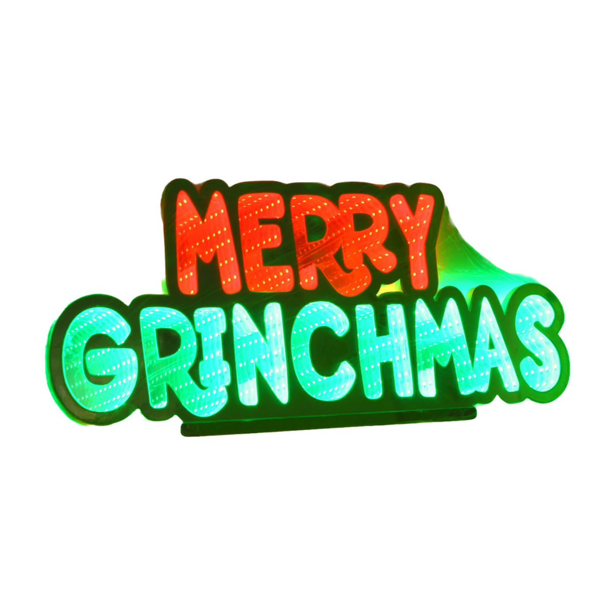 Merry Grinchmas infinity light sign with red and green LED lettering creating a glowing 3D effect