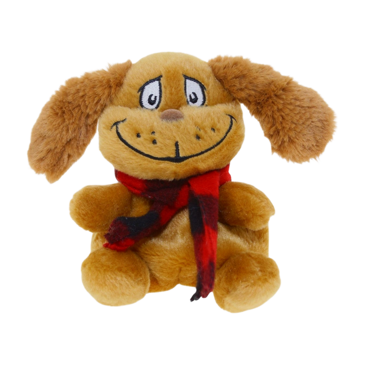 Front view small brown plush dog with floppy ears and embroidered smiling face inspired by Max from the Grinch