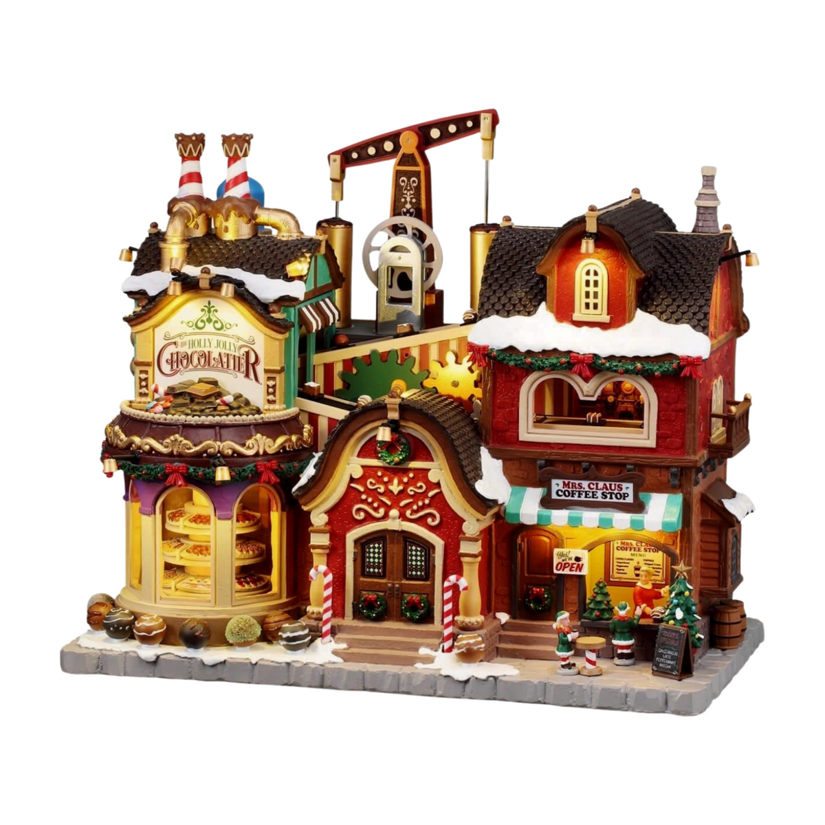 Lemax Holly Jolly Chocolatier and Mrs. Claus Coffee Stop village building set with lights and miniature figures