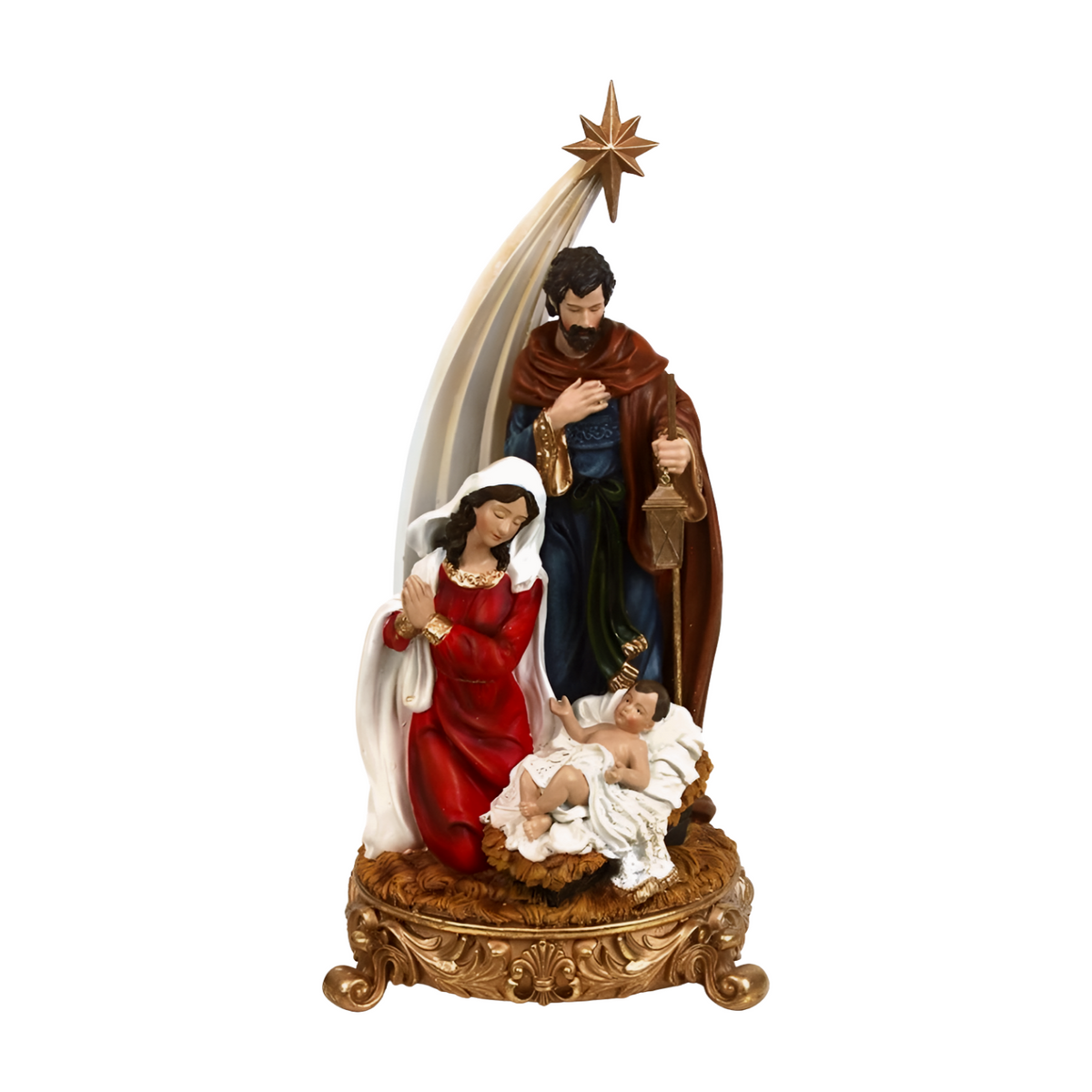 Holy Family nativity figurine with gold star, ornate base, Mary in red, Joseph with lantern and infant Jesus in manger