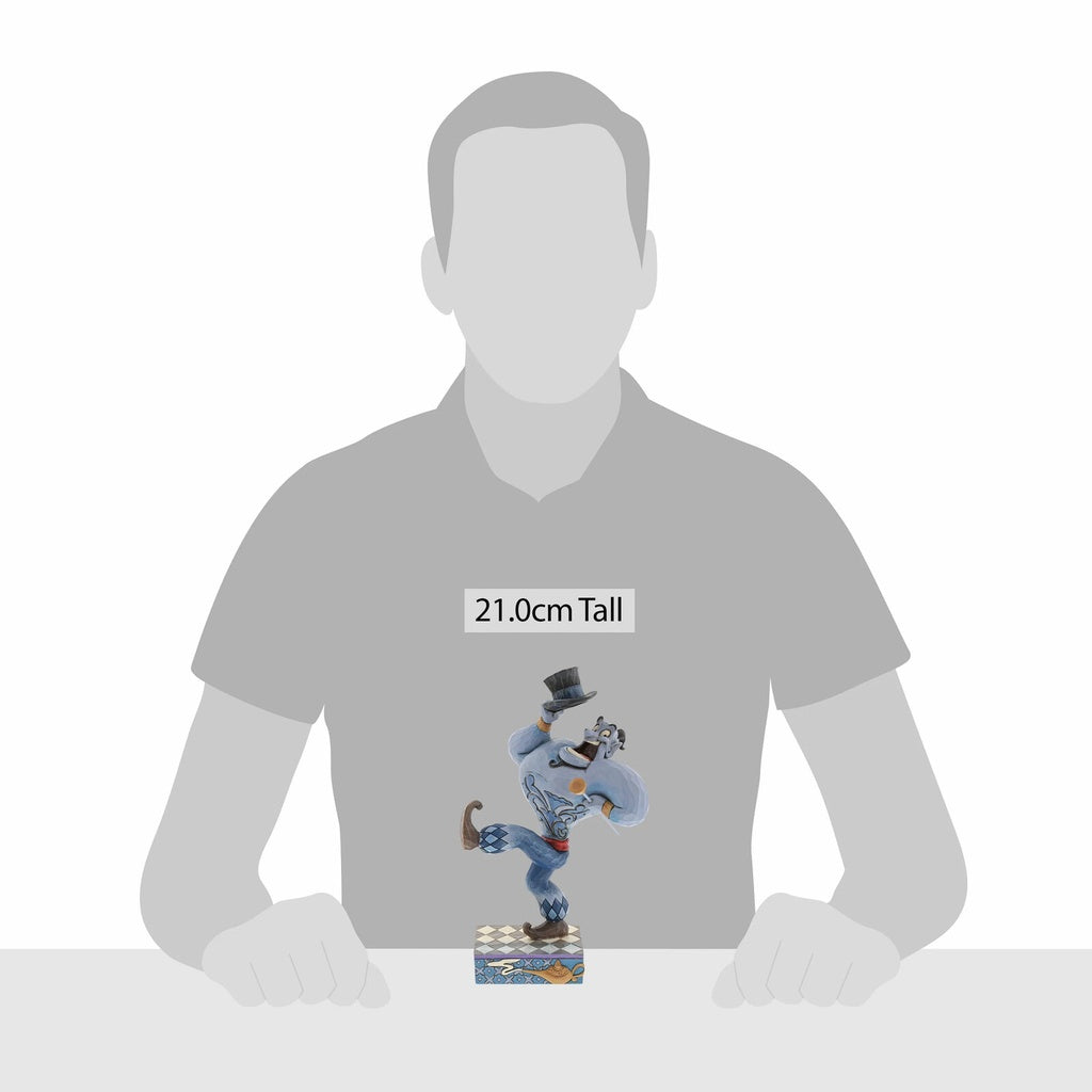 Size reference showing Genie from Aladdin dancing figurine beside a human silhouette, labelled 21 cm tall