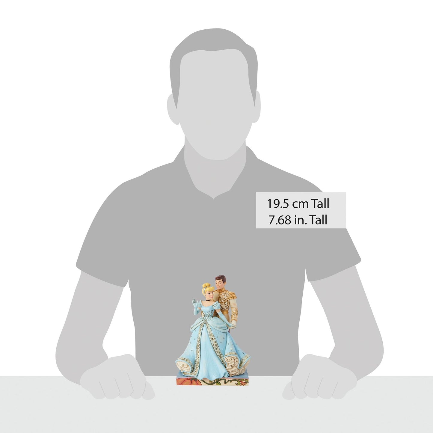 Cinderella and Prince Charming figurine size comparison with adult male silhouette, 19.5cm / 7.68 inches tall