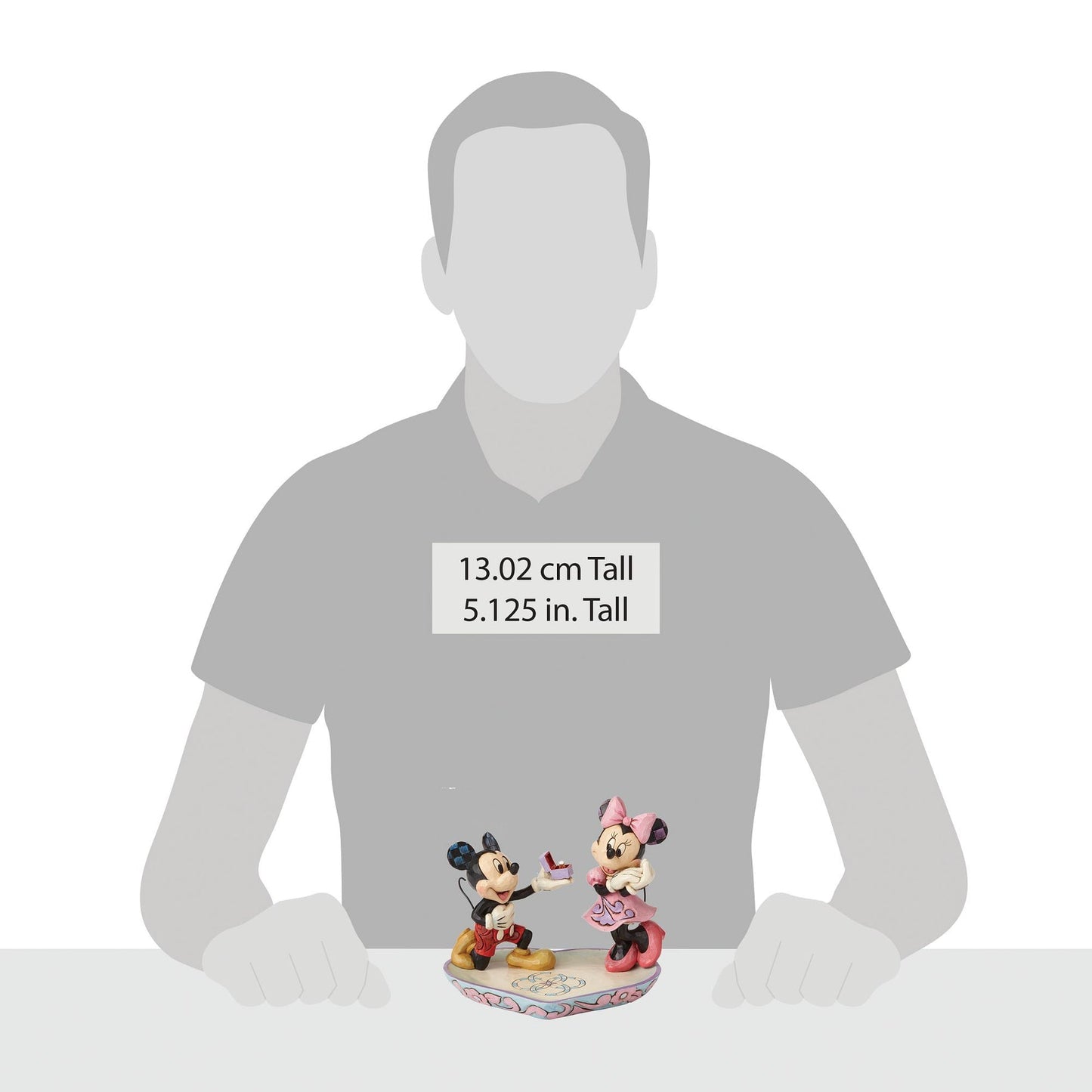 Size reference showing Mickey proposing to Minnie figurine beside a human silhouette, labelled 13 cm / 5.125 inches tall