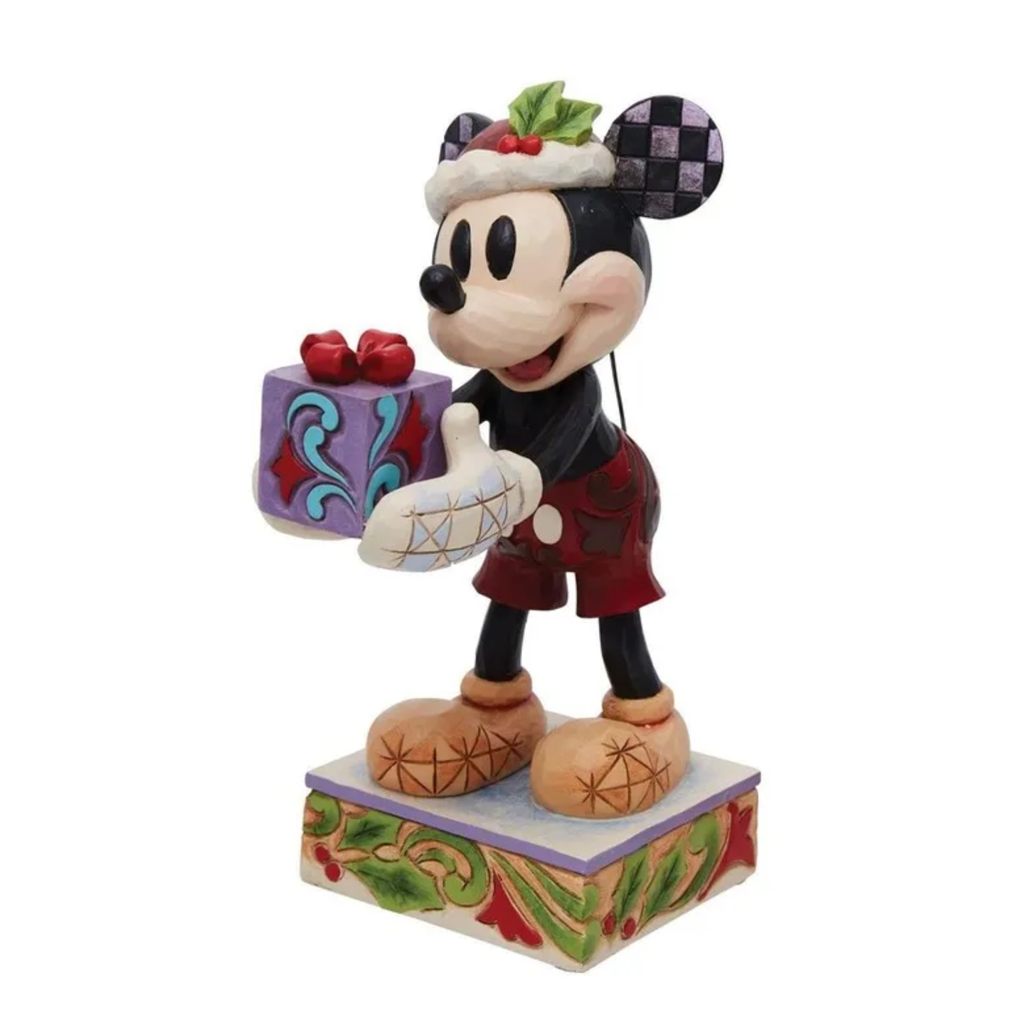 Jim Shore Mickey Mouse figurine in festive outfit holding purple gift box, right side view