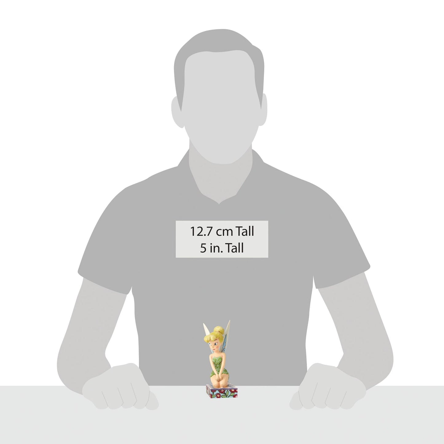 Size reference image showing Tinker Bell figurine beside a human silhouette, with text indicating 12.7 cm / 5 inches tall