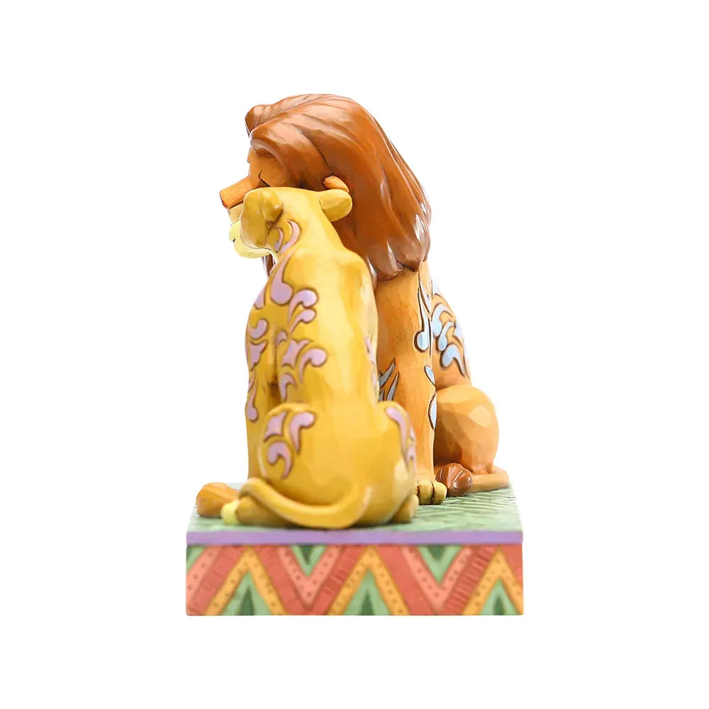 Adult Simba Lion King figurine right side view showing blue scrollwork body detail and full mane, on a colourful chevron painted base