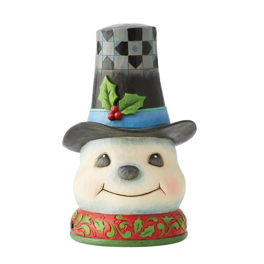 Close-up of a snowman head figurine wearing a checkered top hat with holly sprig, blue band, smiling face, holly-detailed base