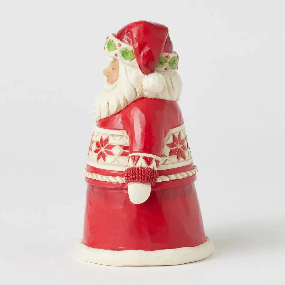 Right side view of Santa figurine, snowflake-patterned mid-band, holly-trimmed hat, red mitten visible, tapered red coat