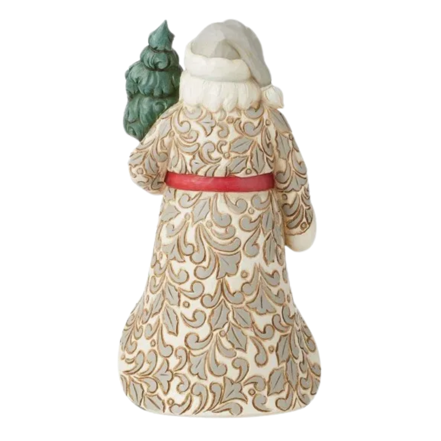 Rear view of a Jim Shore Santa figurine showing cream and gold scrollwork robe detail with red sash and green tree.
