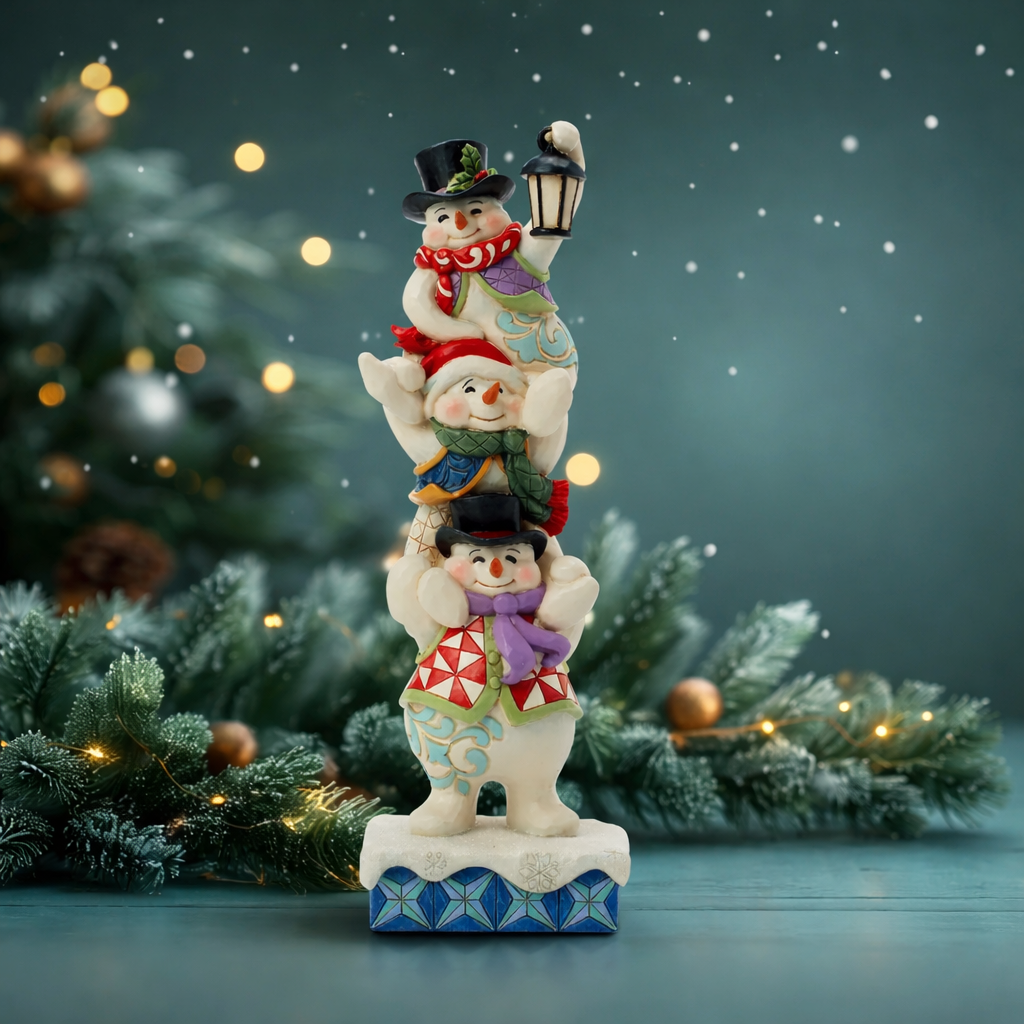 Jim Shore three-stacked snowman figurine styled in front of a Christmas tree in a snowy festive scene with bokeh lighting