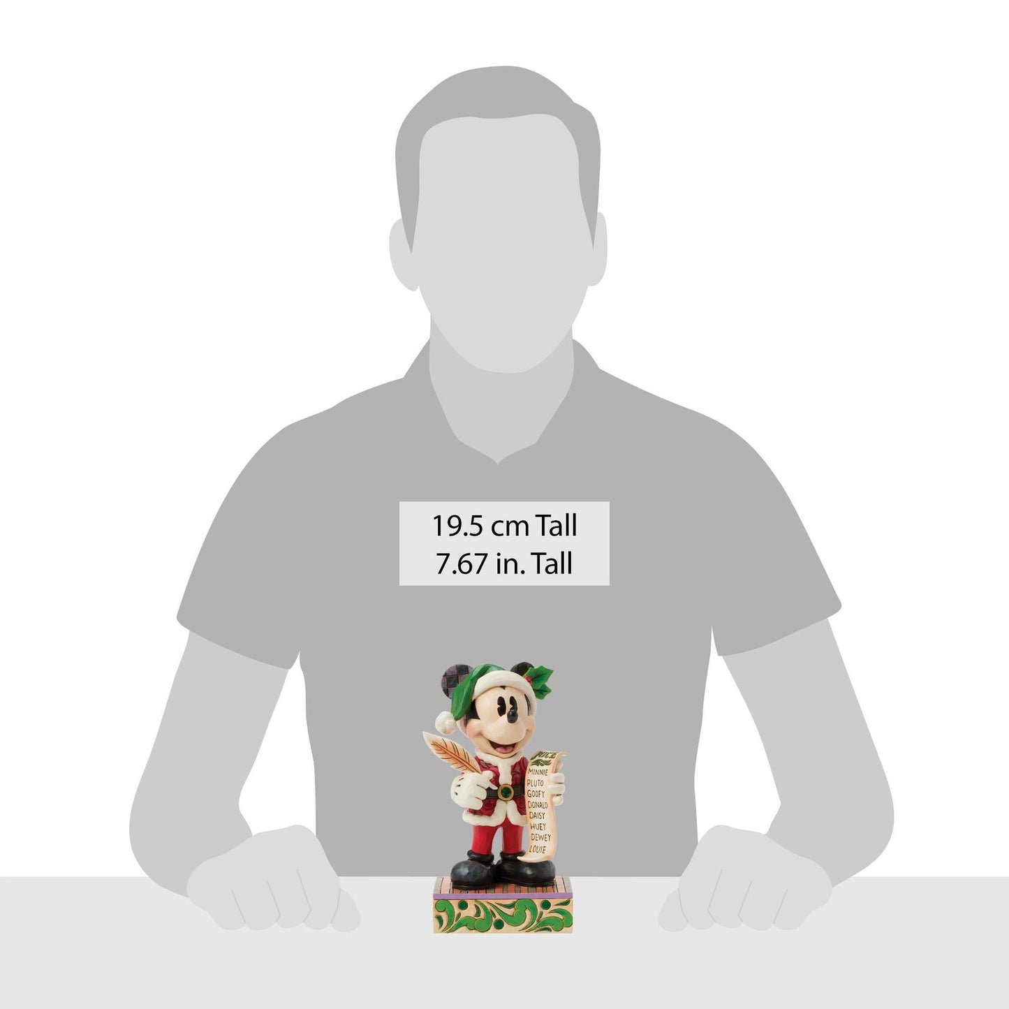 Scale illustration showing Jim Shore Mickey Mouse figurine height against an adult silhouette