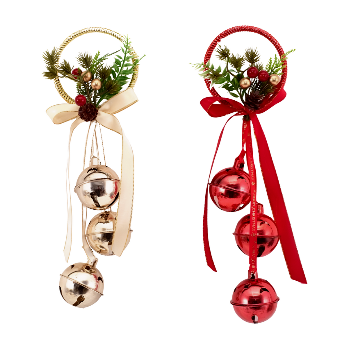 Gold and red jingle bell door hangers with wreath rings, pine sprigs, berries, pinecones, and bows