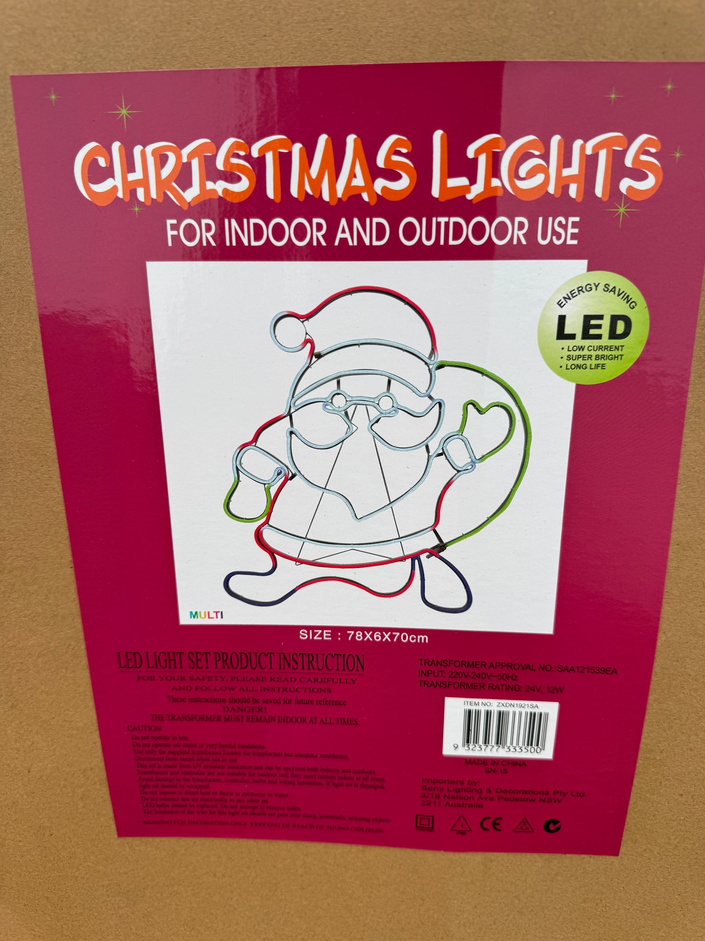 Neon-style LED Santa light in red, white, green, and blue colours