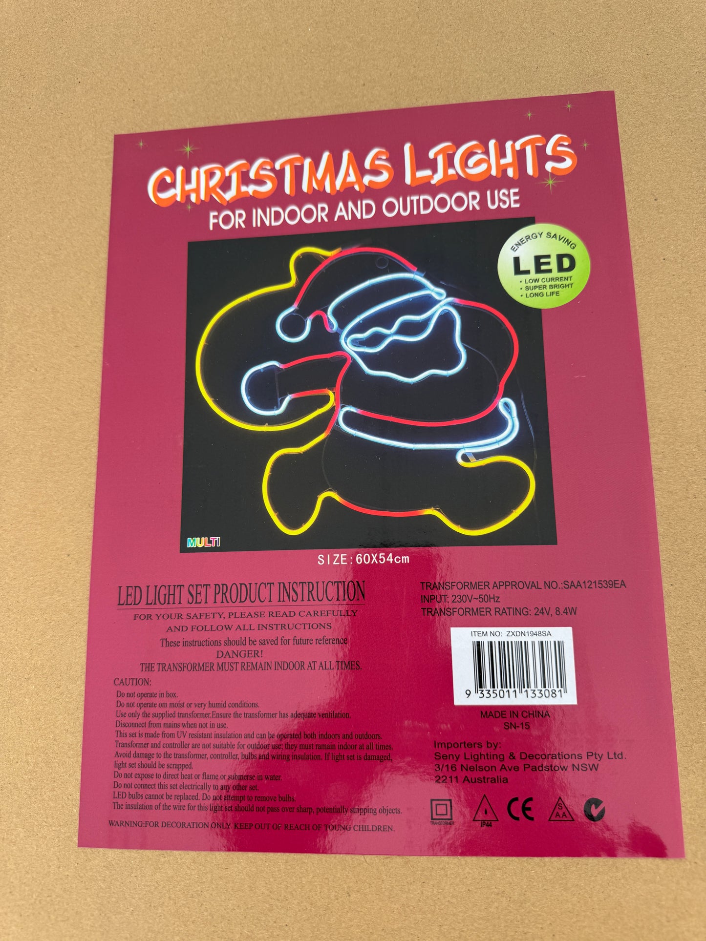 Neon-style LED Santa light in red, white, orange, and yellow colours