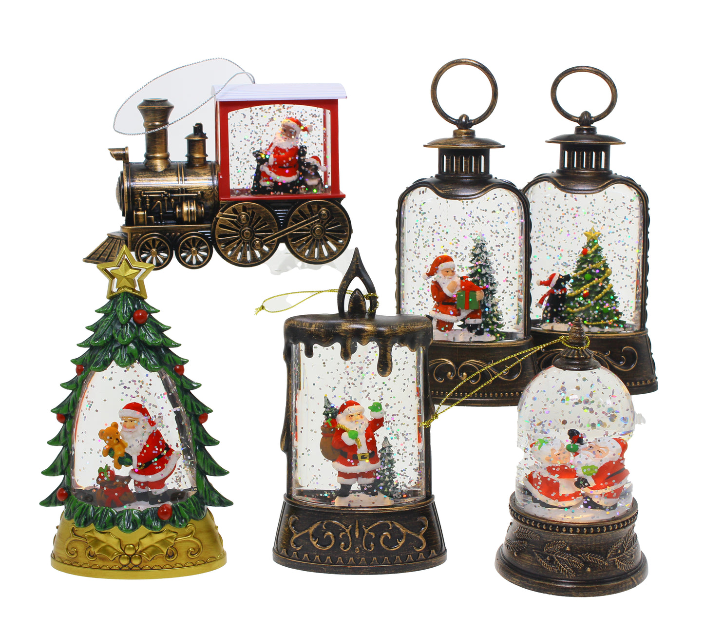 Assorted light up Christmas snow globe decorations featuring Santa and festive scenes