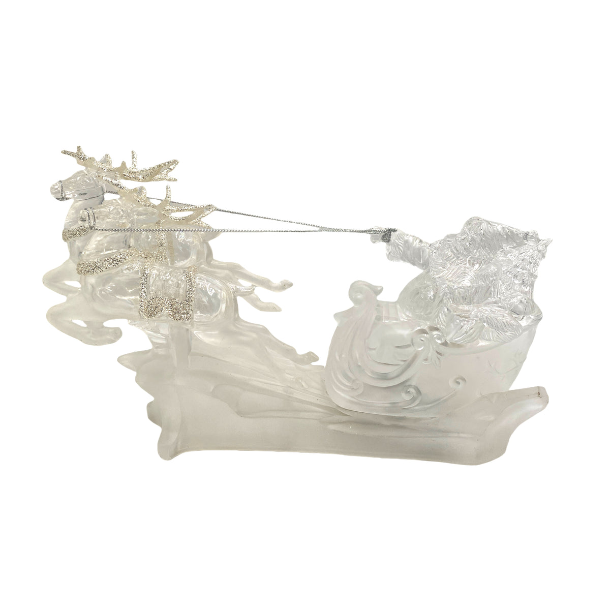 Light-up frosted acrylic Santa and reindeer sleigh Christmas decoration with silver glitter antlers and cord reins
