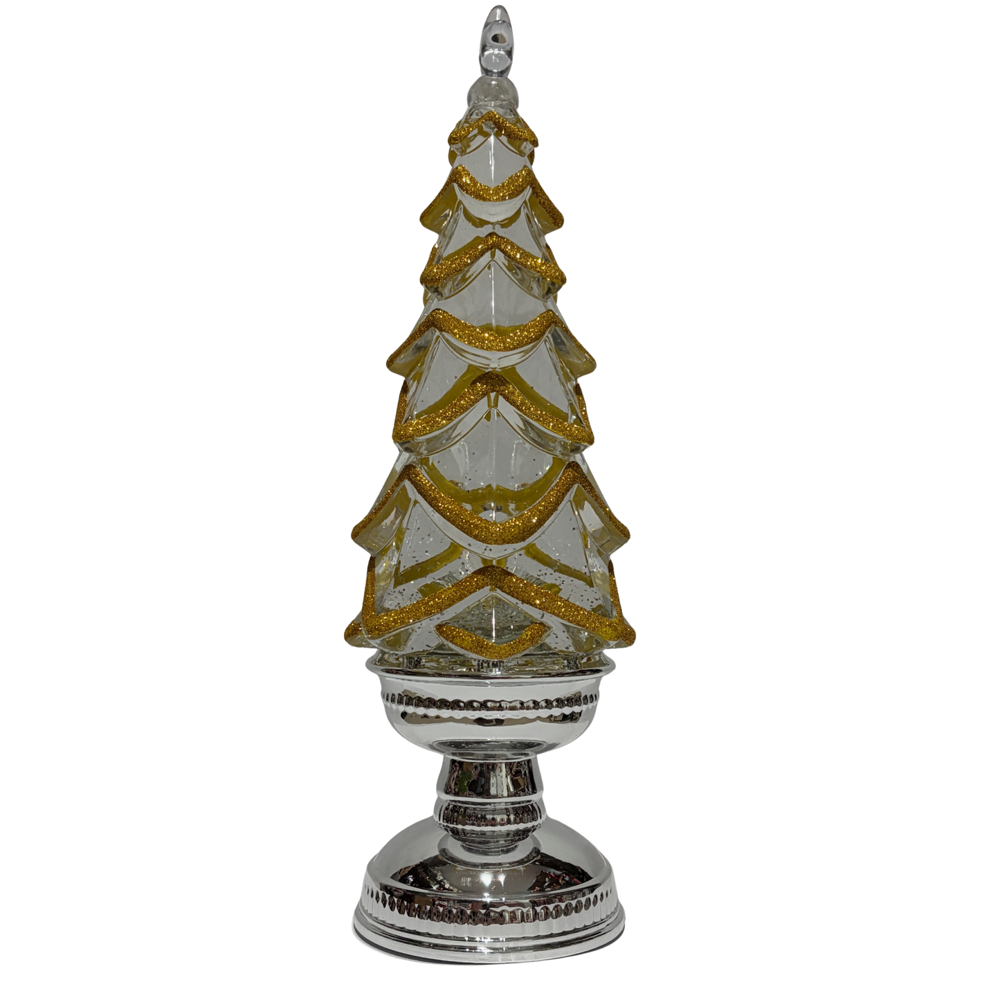 Decorative Christmas tree ornament with gold and silver design on a white background