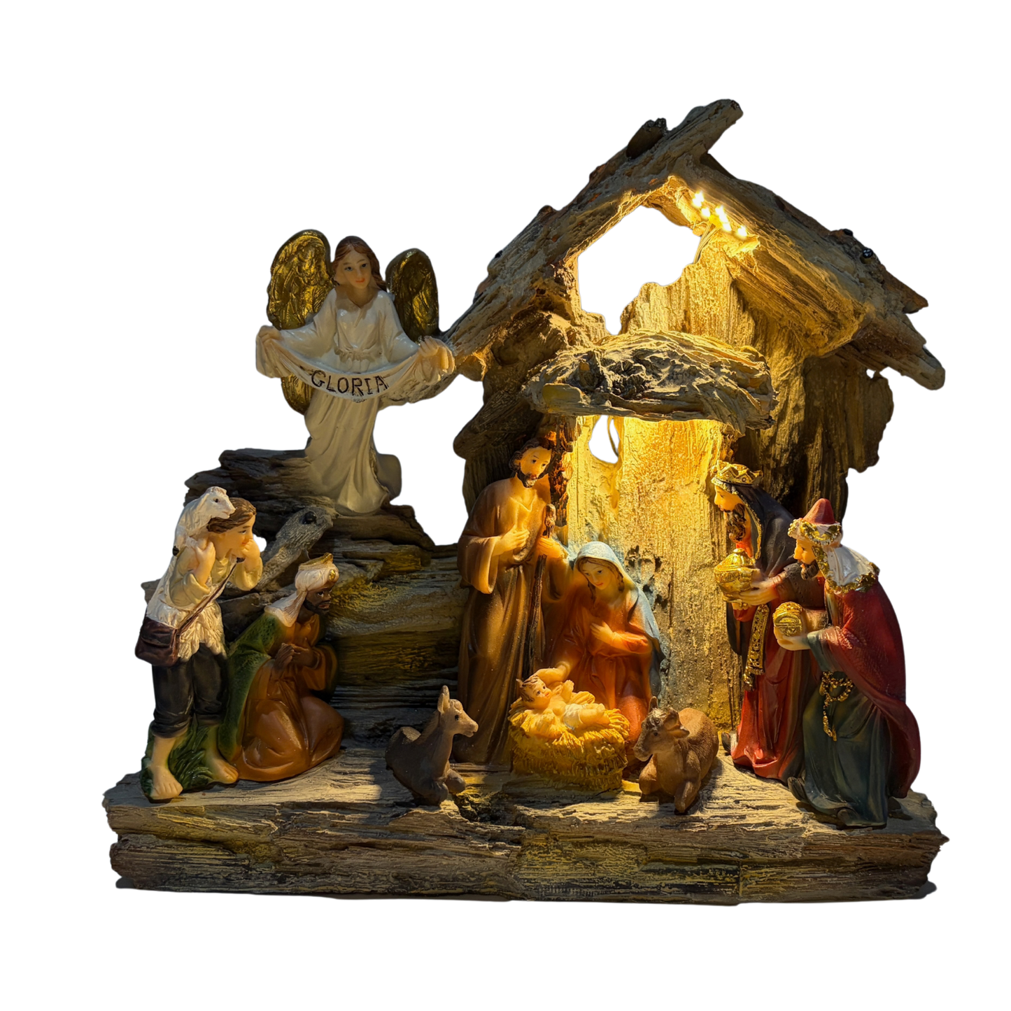 Light-up nativity scene featuring Mary, Joseph, Baby Jesus, the Three Wise Men, a shepherd, and an angel in a rustic stable