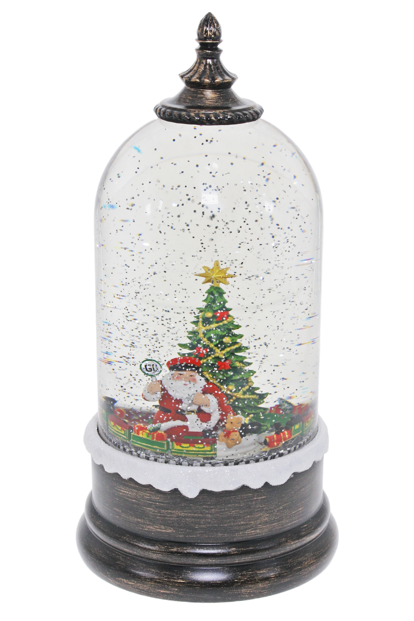 Light up dome with Santa and Christmas tree scene on antique bronze base