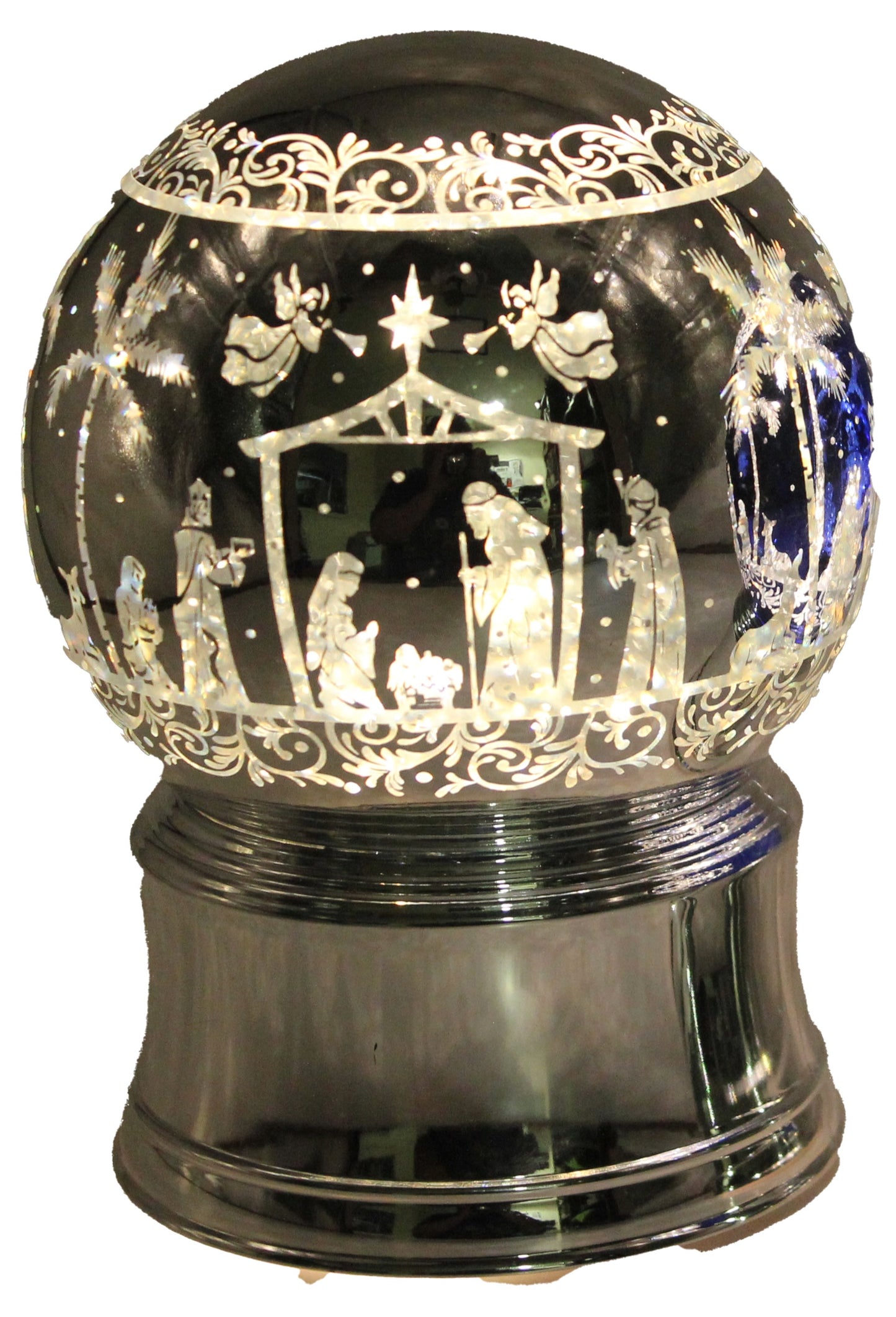 Light up white nativity scene globe with frosted glass, silver base, and illuminated nativity silhouette