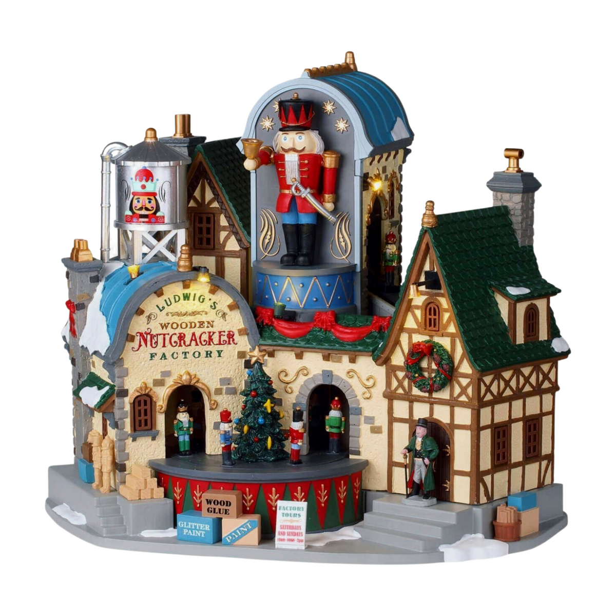 Lemax Ludwig's Wooden Nutcracker Factory village building with oversized nutcracker figurine, water tower, Tudor annexe, and mini figures