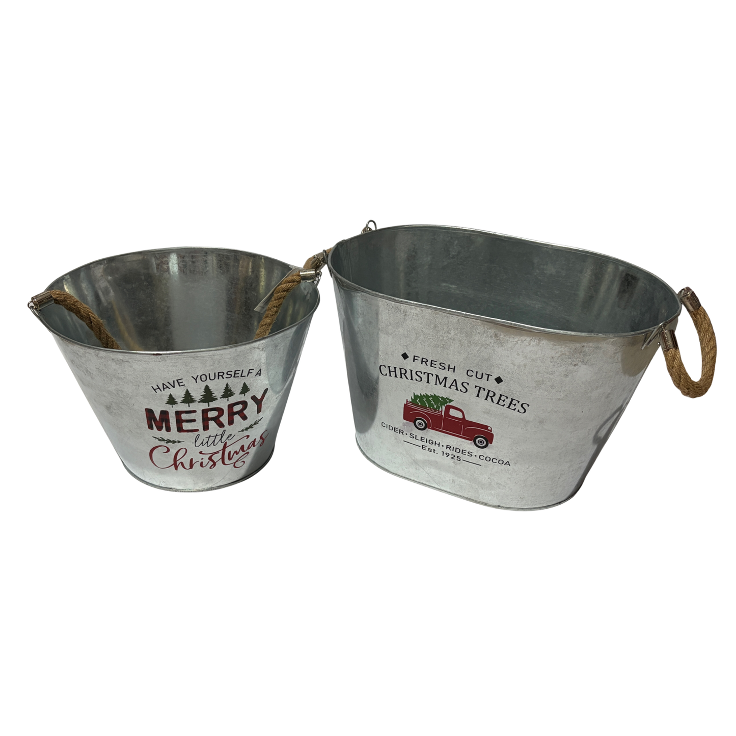 Two metal buckets with Christmas-themed designs on a white background