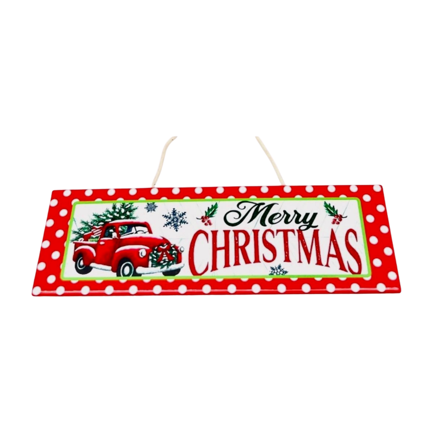 Rectangular Merry Christmas sign with red vintage truck carrying a Christmas tree, red and white polka dot border, and hanging string
