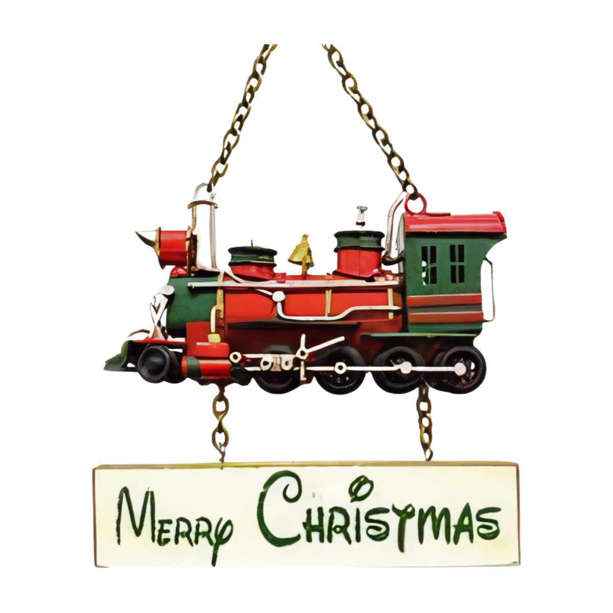 Front view metal sign featuring a red and green train above a cream plaque with green “Merry Christmas” text hanging from a gold chain