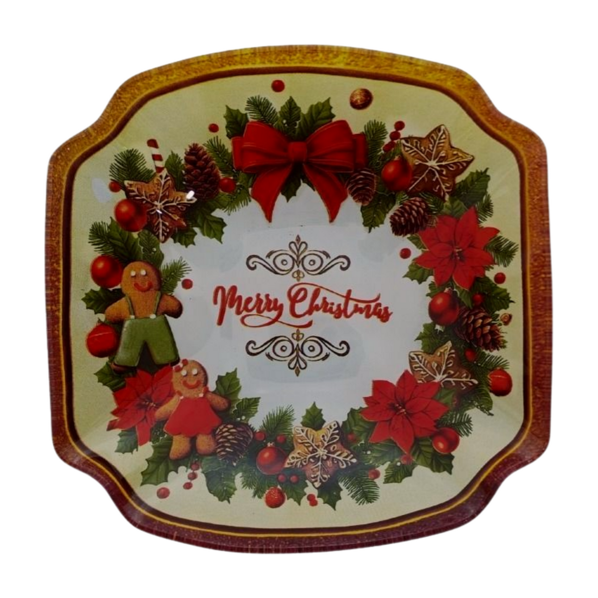 Square Christmas plate featuring a festive wreath with poinsettias, pinecones, gingerbread figures, and a red bow with “Merry Christmas” text in the center