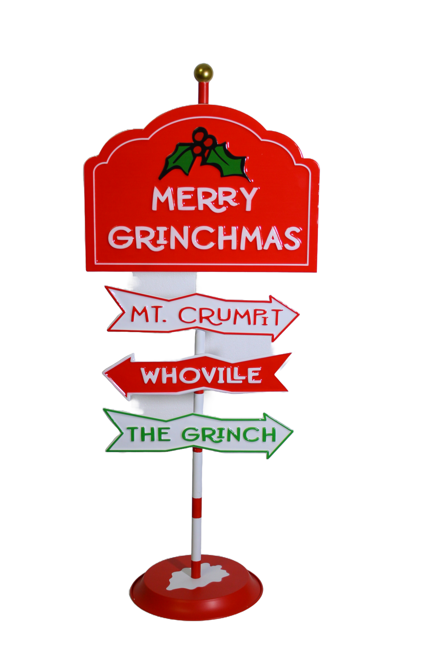 Red and white standing sign with “Merry Grinchmas” and arrows pointing to Mt. Crumpit, Whoville, and The Grinch