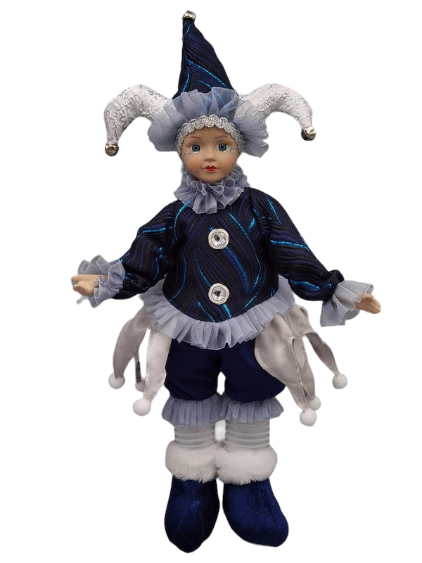 Musical jester doll dressed in blue and silver with a jester hat, lace collar, and festive detailing