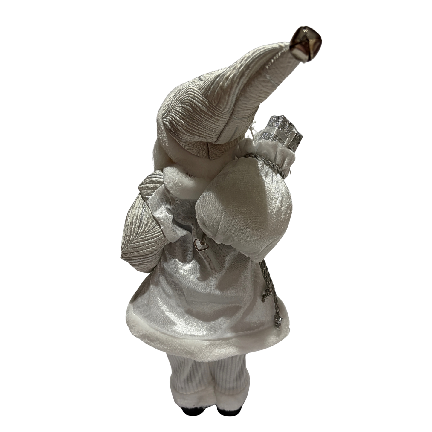 Musical Santa dressed in white with a gift sack and silver accents