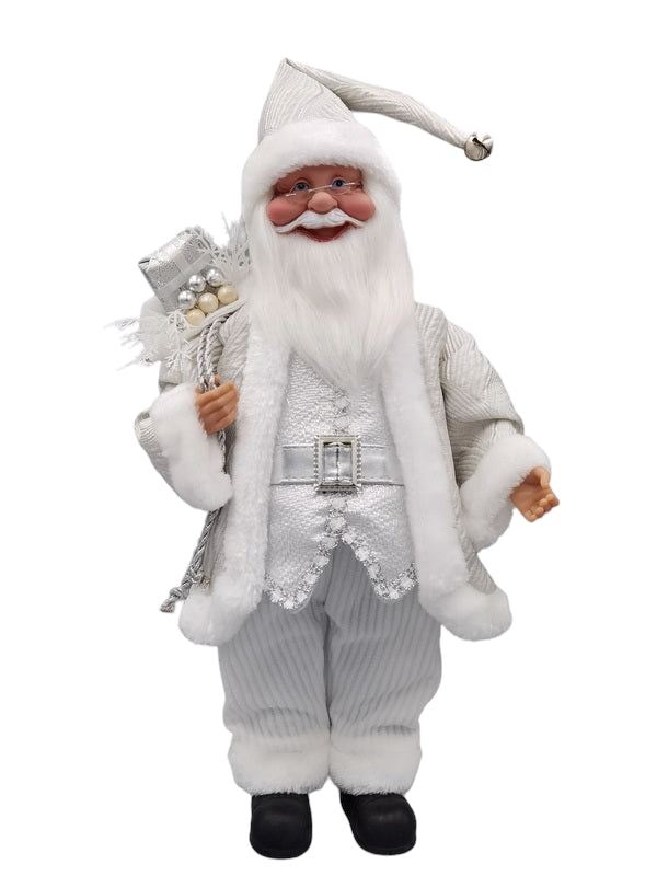 Musical Santa dressed in white with a gift sack and silver accents