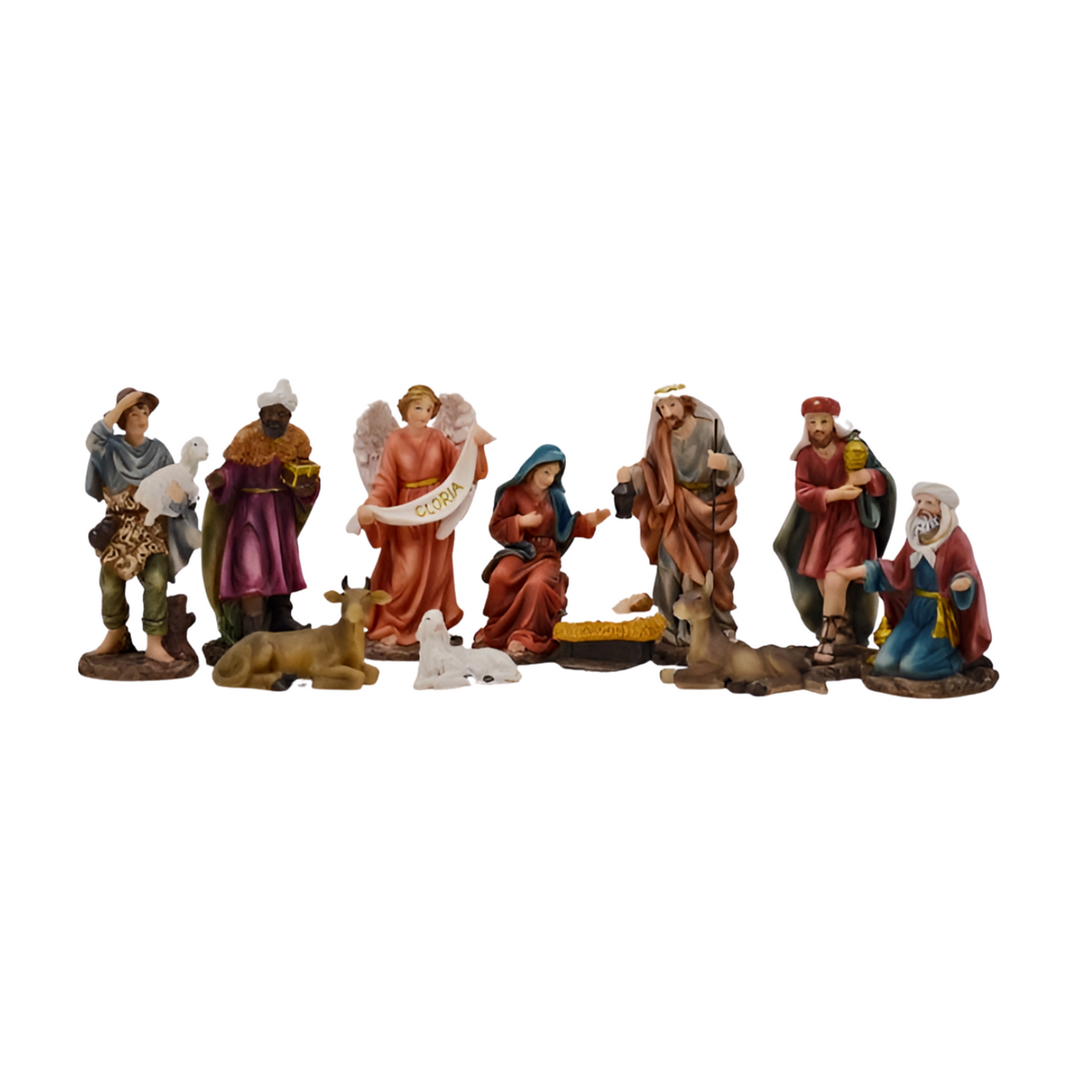 11-piece nativity figurine set including Mary, Joseph, the Three Wise Men, angel, shepherd and animals