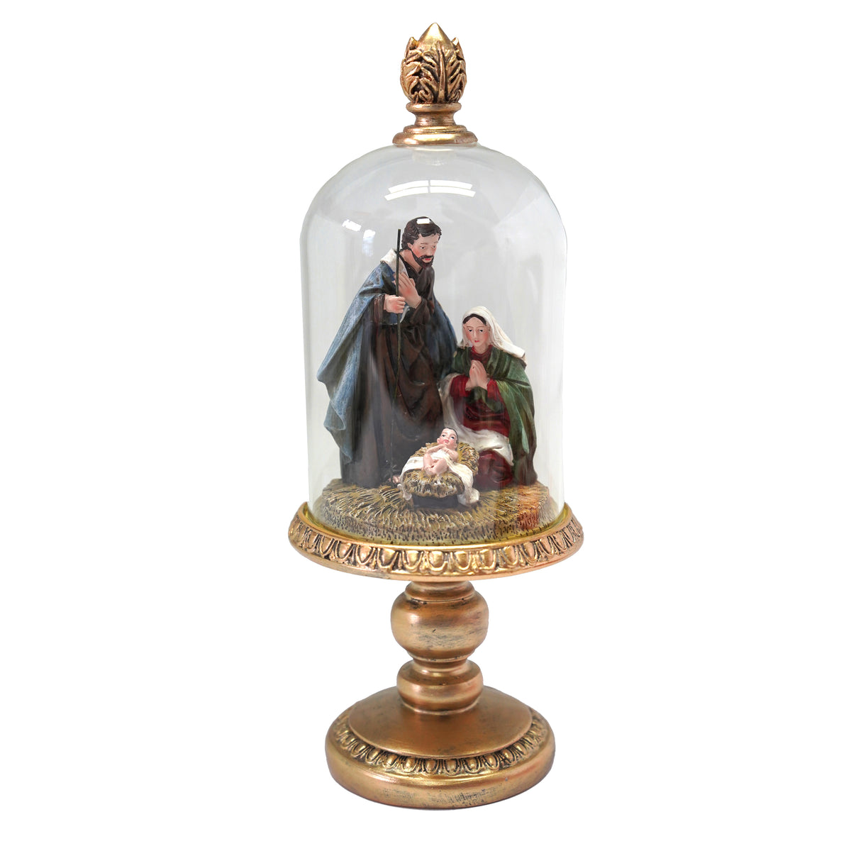 Nativity scene with Mary, Joseph and infant Jesus in a glass dome on an ornate gold pedestal stand