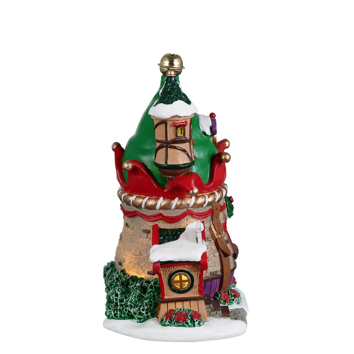 Front view of Lemax Elf Lane No.2 house with elf hat roof, wreath and lit dancing elf window