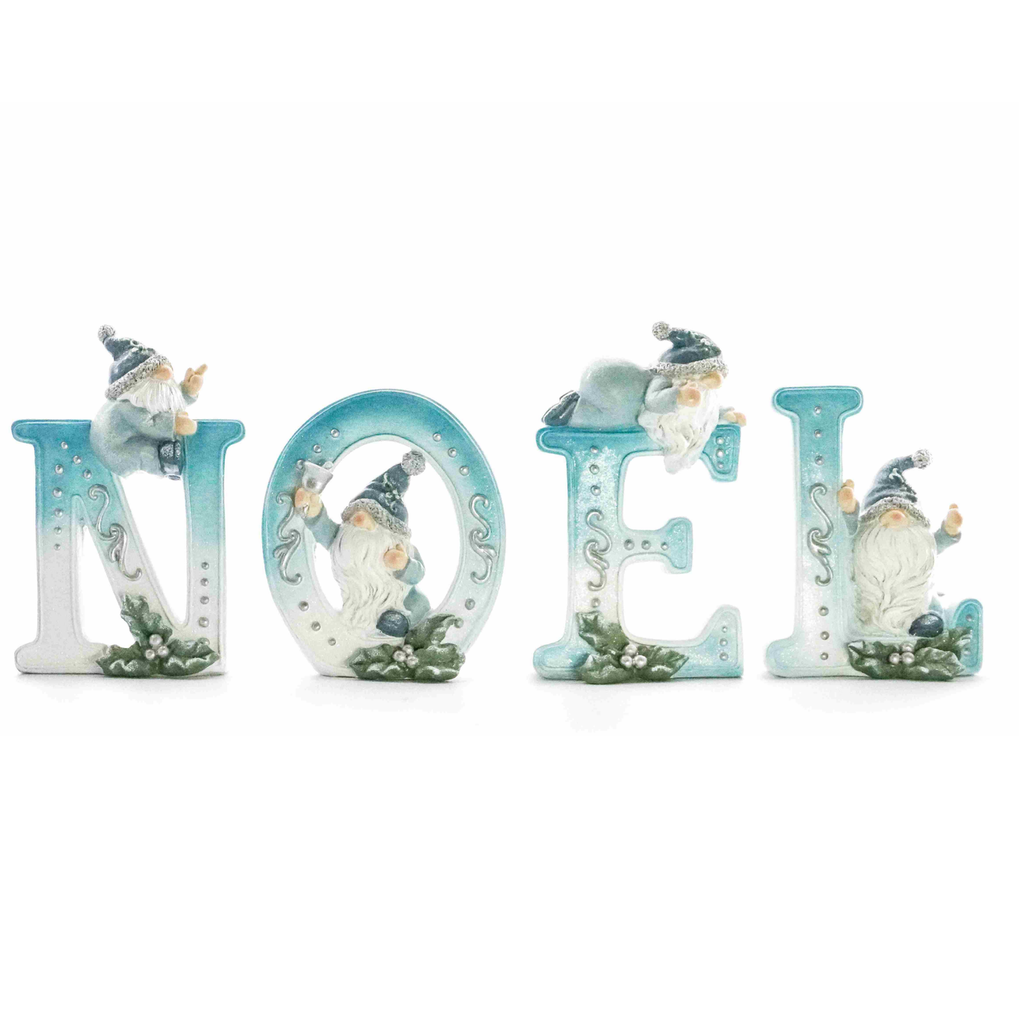 Set of four teal and white NOEL letter decorations each featuring a gnome figure with holly and berry detail