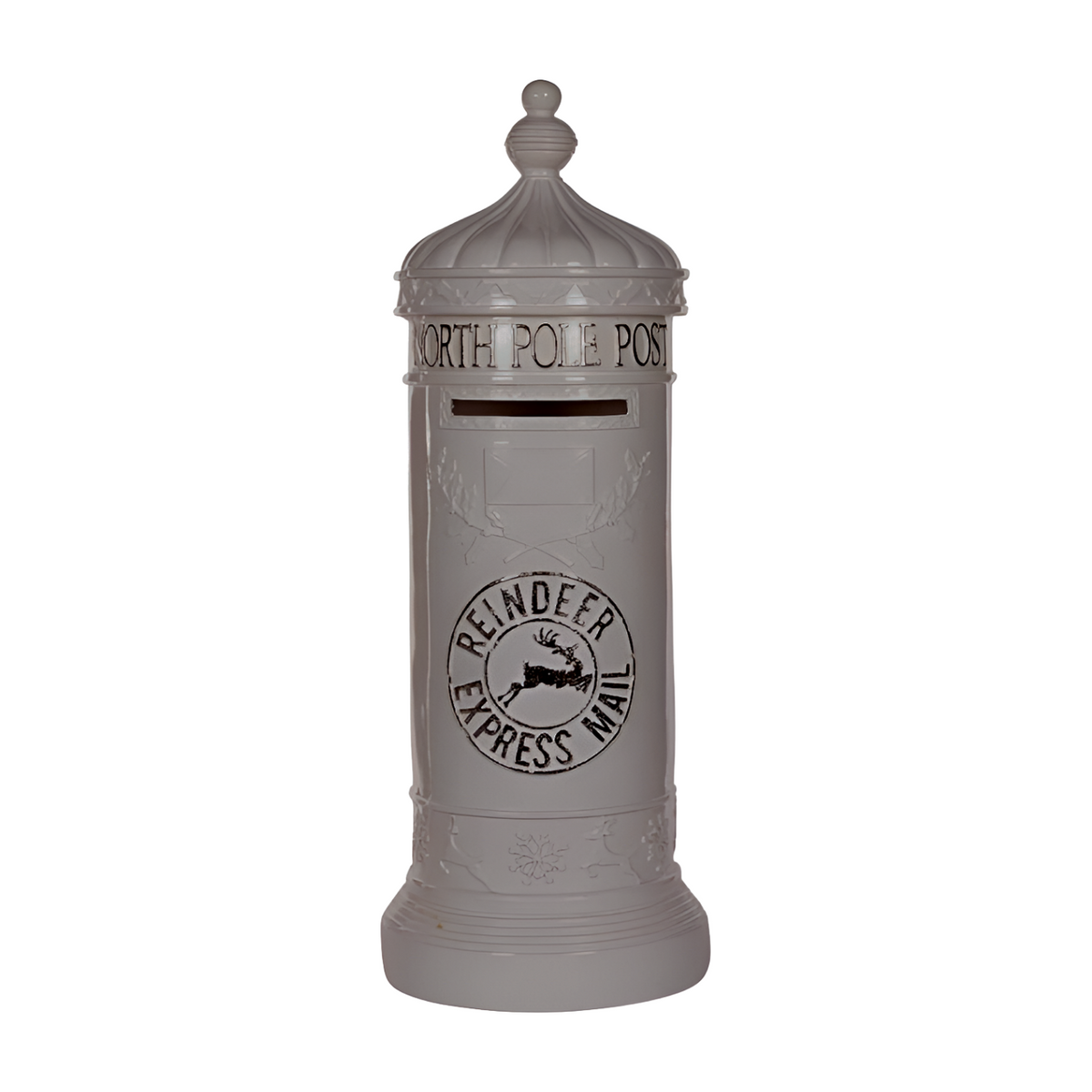 White North Pole Post mailbox decoration with “Reindeer Express Mail” design