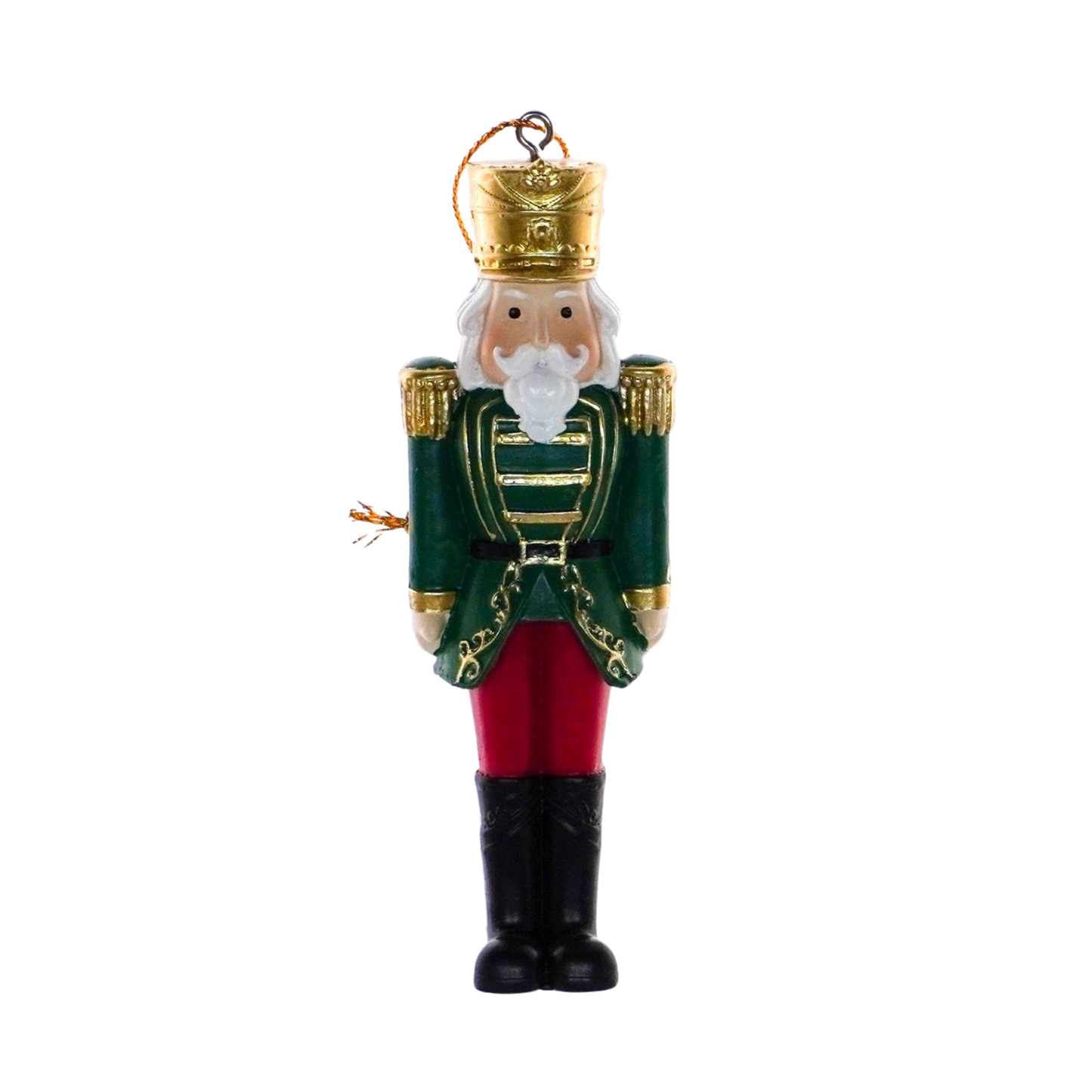 Nutcracker soldier Christmas tree decoration in green jacket with gold crown and red trousers